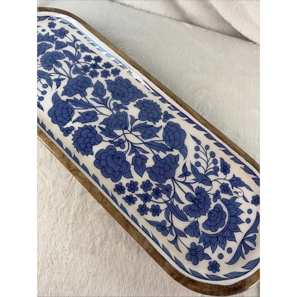 AVA Premium Handcrafted Long Decorative Tray Blue & White Floral Ceramic Inlay